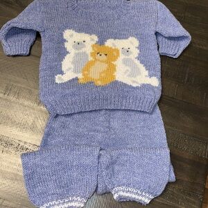 Handmade Custom Gorgeous Blue Knit Sweater and Pant Set with Teddy Bear Design